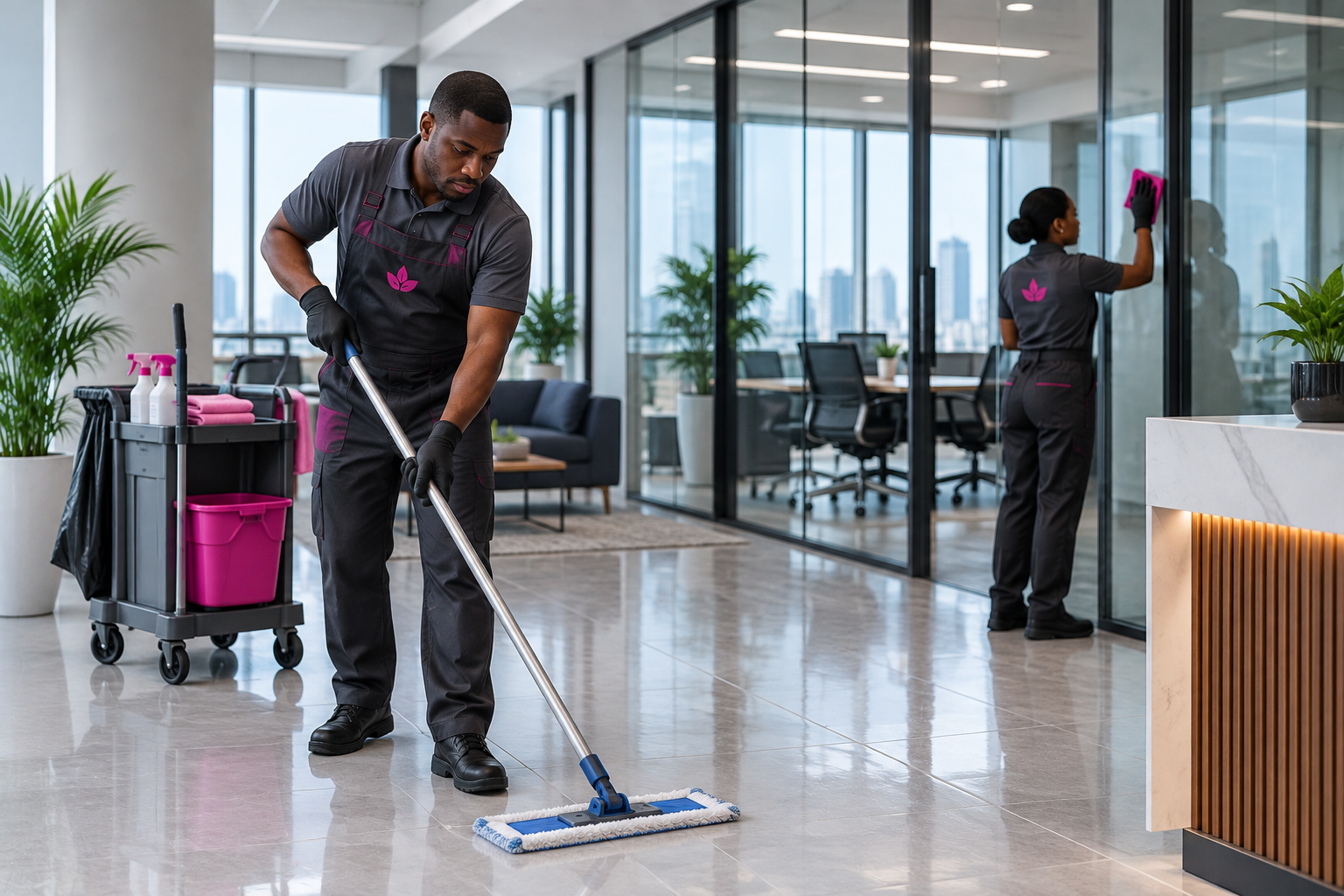 Professional commercial cleaning team in a workplace