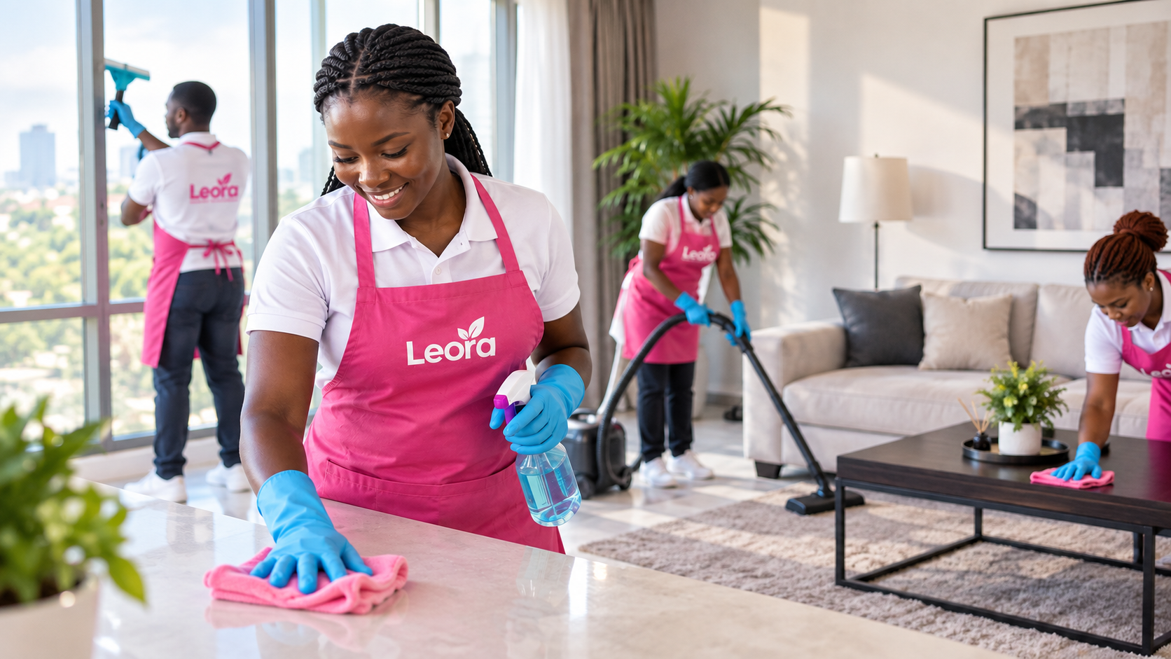 Professional Leora cleaning team working in a modern home